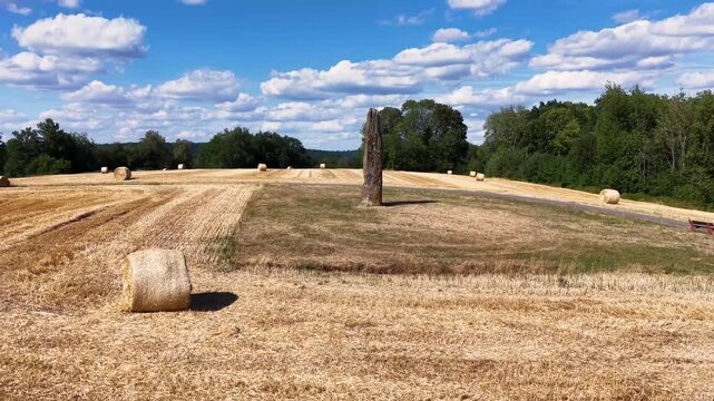 Pr&auml;historischer Gollenstein-Menhir auf einer Wiese bei sommerlicher Erntezeit mit Strohballen unter blauem Wolkenhimmel. Altes Kulturdenkmal in Mitteleuropa.