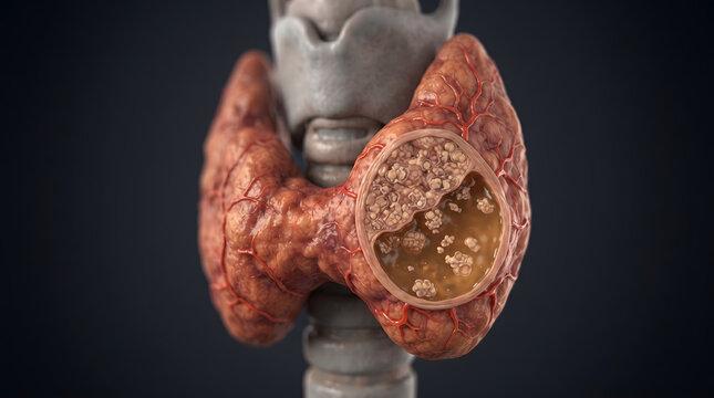 A detailed 3D medical illustration of the human thyroid gland and larynx, featuring a cross-section cutaway that reveals internal thyroid nodules, cysts, and abnormal tissue growth, ideal for endoc...