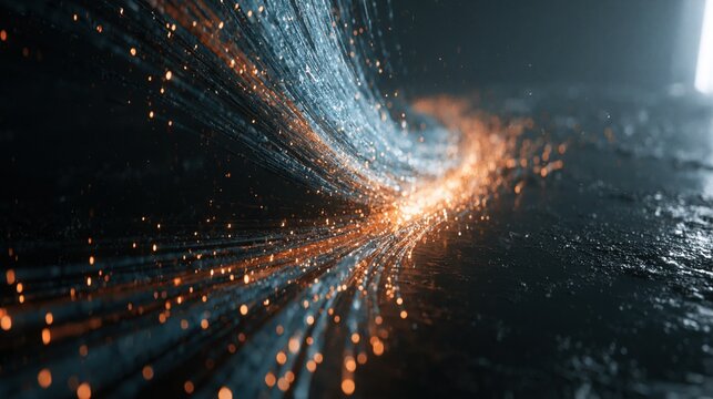 Glowing particles flow through a dark, textured channel.