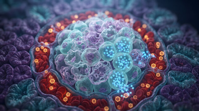 A highly detailed 3D medical illustration showing a microscopic view of a cell cluster, featuring active beta cells with glowing secretory granules surrounded by a capillary network with red blood...