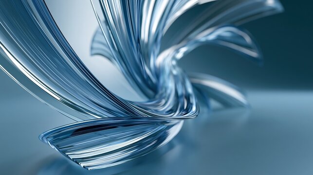 Swirling translucent ribbons create a dynamic abstract form with light reflections.