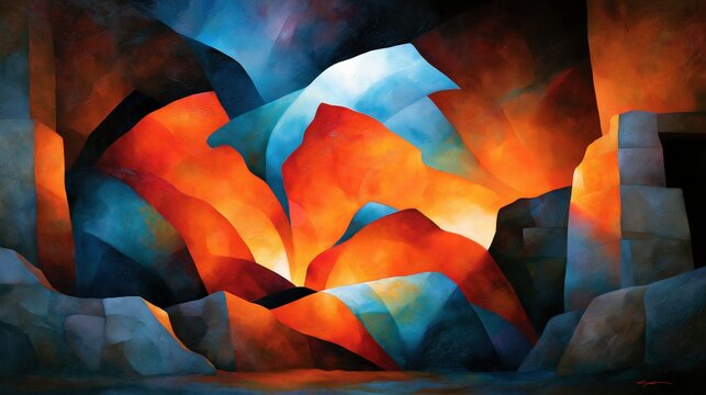 Abstract landscape featuring vibrant fire and cool ice formations.