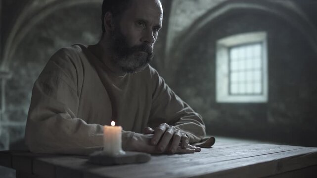 Medieval prisoner looking ahead, shutting his eyes while sitting at a rough wooden table next to a solitary burning candle, inside a cold stone dungeon