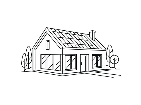 Eco friendly house with solar panels. Minimalist line art illustration of sustainable home.