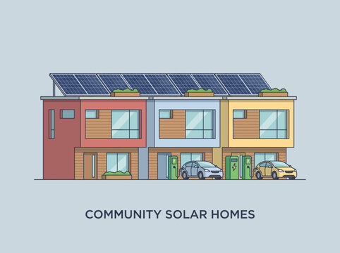 Townhouse row with solar panels. Sustainable residential housing with electric car charging.