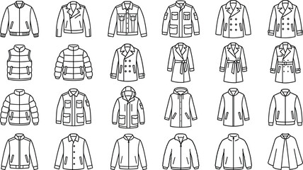 Men and Women Outerwear Line Icon Set Featuring Winter Jacket Bomber Denim Coat Puffer Vest and Trench Coat Vector Graphic Illustrations © Art by Chandon