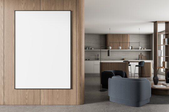 Contemporary open-plan kitchen and living room interior with wood paneling, framed artwork, refined furnishings, and architectural styling. 3D Rendering