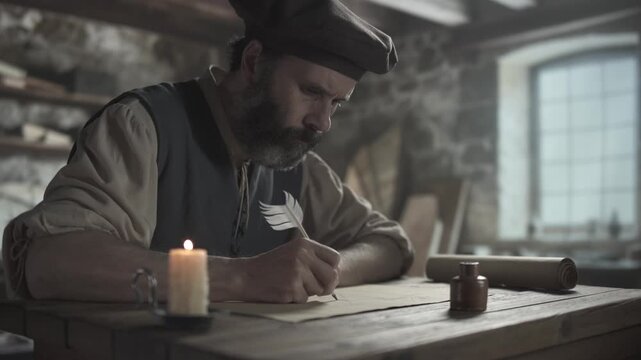 A medieval inventor shading a geometric sketch on paper with a quill pen, working at a desk inside a workshop with stone walls