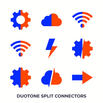 Duotone split connector icons. Modern tech symbols for web and mobile interface design.
