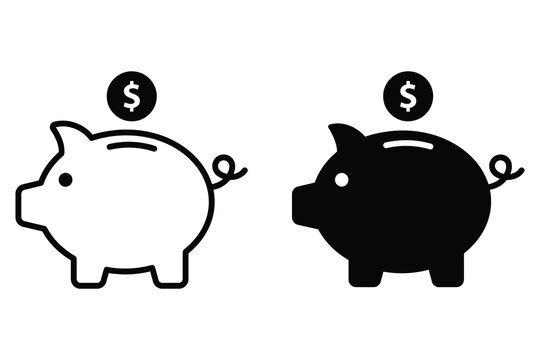 Set of piggy bank icons featuring a clean line art style and a solid black silhouette