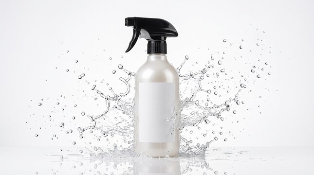 Realistic product photography of a pearl-white plastic spray bottle, black spray trigger, blank label, isolated on clean white background, dramatic splash of water droplets exploding around the bottle