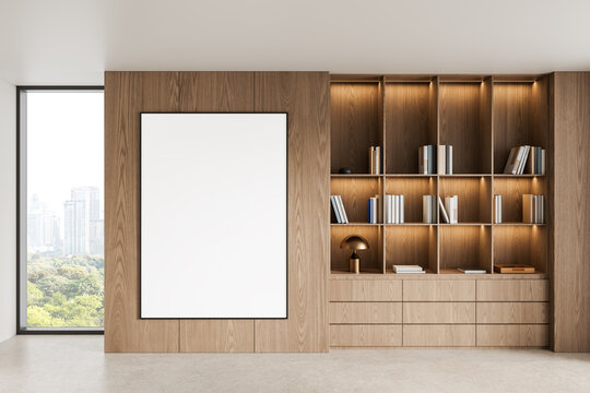 Minimal interior wall poster mockup in warm wooden room with illuminated shelving, modern decor, and bright window view composition. 3D Rendering