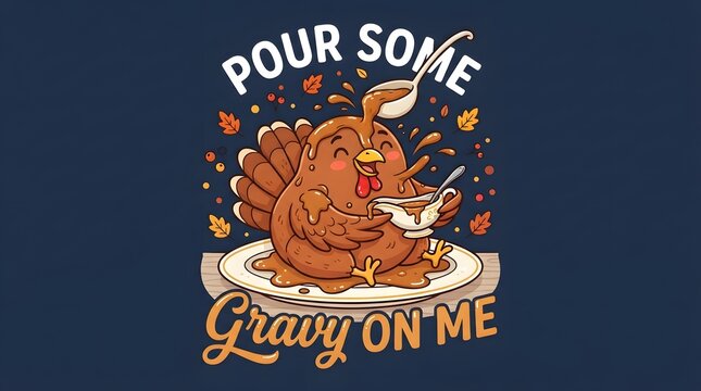Funny graphic design featuring a roasted turkey pouring gravy with the text pour some gravy on me for a festive and fun happy thanksgiving celebration