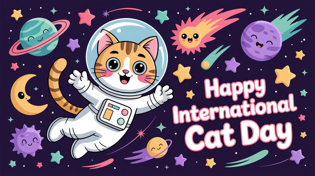 Cute cat astronaut floating in space international cat day graphic