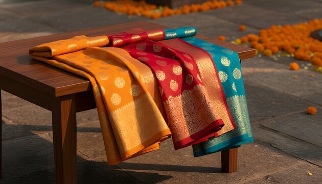 Vibrant colors of traditional saris neatly displayed on a wooden table for Rath Yatra festival celebration concept with festive marigold decorations outdoors