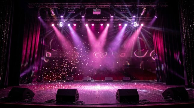 A musician performs on a vibrant stage under pink spotlights as confetti falls over fans