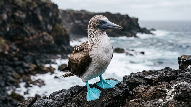 Blue-footed booby perched on rocky Galapagos coastline with ocean backdrop