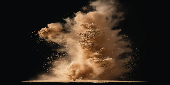 Explosive cloud of brown dust particles rising from surface with high resolution explosion particles erupting isolated movement scattering atmospheric background abstract particle