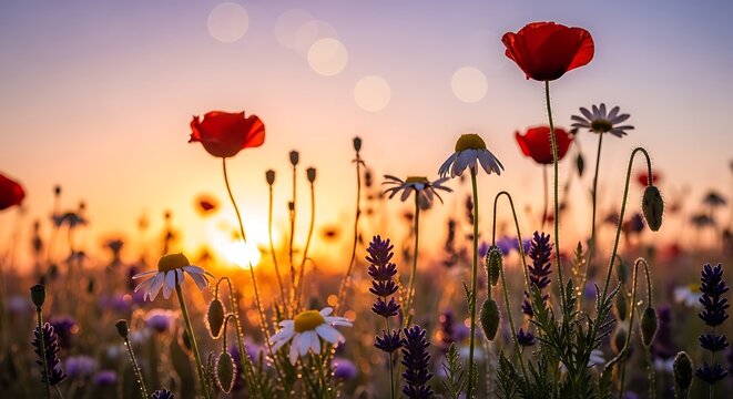 Wildflowers in sunset meadow with bokeh wildflowers blooming landscape