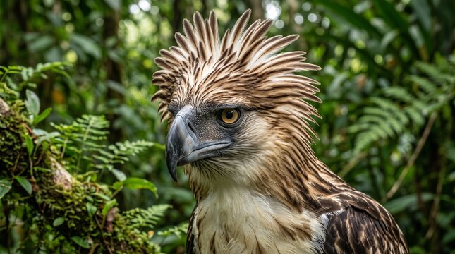 Philippine Eagle perched in lush tropical rainforest setting