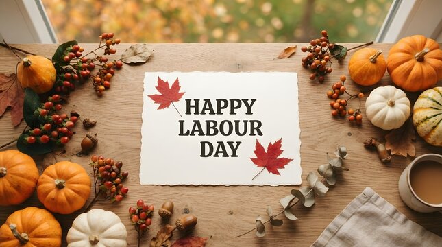 A festive autumn scene with pumpkins and fall leaves surrounding a greeting card that can be adapted for a happy thanksgiving or labour day celebration