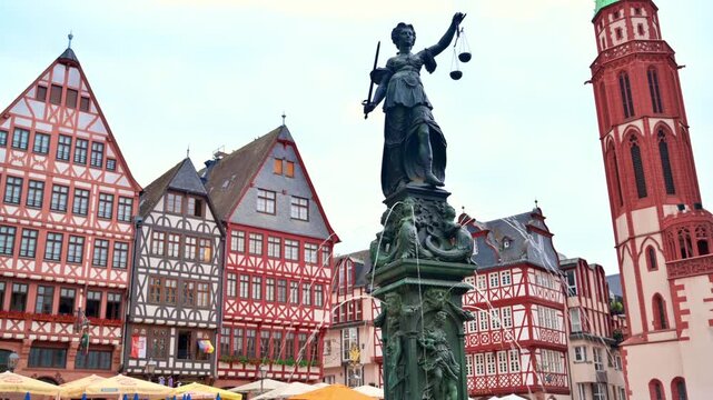 Lady justice fountain in frankfurt romerberg square with historical half timbered houses background.