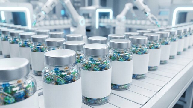 Automated industrial production line of supplement bottles with white labels in a sterile factory