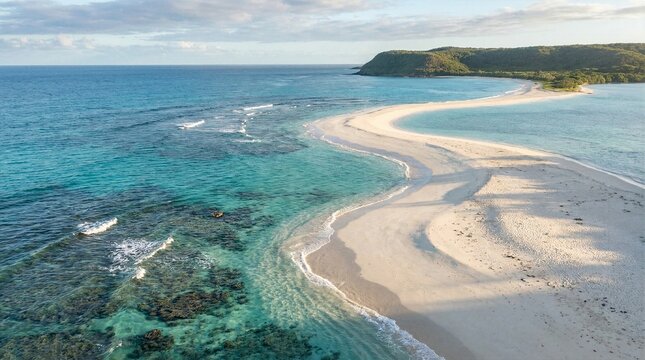 Stunning aerial drone view of a winding white sand spit and crystal clear turquoise ocean water