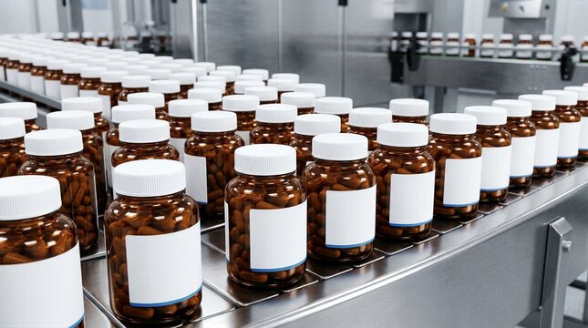 Industrial manufacturing conveyor line of amber supplement bottles with blank white labels in a factory