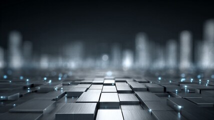 Fototapeta premium Futuristic abstract metal blocks with glowing blue lights on a reflective floor against a blurred city skyline