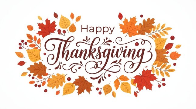 A beautiful decorative design with elegant calligraphy text saying happy thanksgiving surrounded by colorful autumn leaves and seasonal foliage on a clean white background isolated