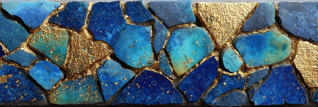 Blue stone mosaic texture with gold kintsugi joinery showcasing turquoise and lapis lazuli fragments with gilded metallic veins for luxury decorative banner art