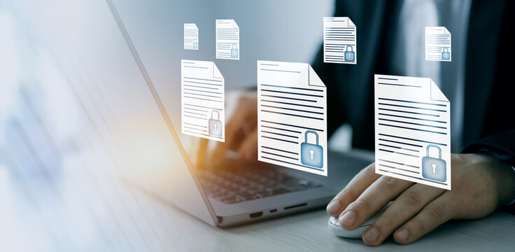 Secure document management system with encrypted data storage, protected digital files and cybersecurity technology for enterprise information security.	
