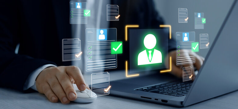 Digital documents with check marks verified staff records and online HR management. Employee approval process management.	
