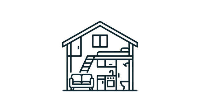 A minimalist line art illustration of a small residential house interior layout