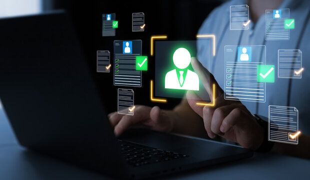Business interview process with corporate team analyzing job applications, comparing candidates, and selecting qualified professionals for employment opportunities and company growth.	
