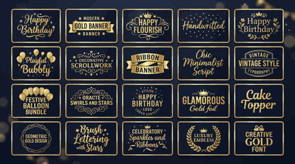 Naklejka premium Gold banners and elegant labels showcase a variety of decorative typography and festive frames designed for luxury event invitations or premium branding.