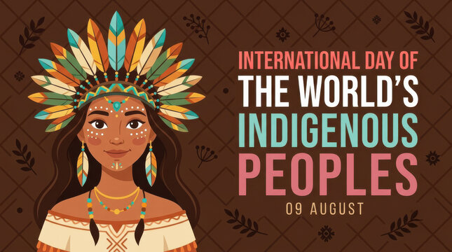 Artistic International Day of the World's Indigenous Peoples August 9 banner featuring smiling Indigenous woman with colorful feather headdress, traditional jewelry and cultural heritage celebration