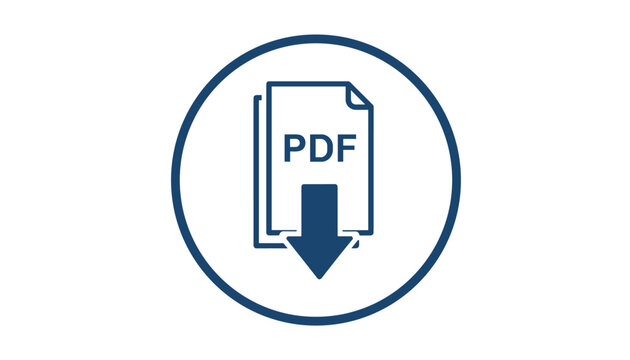 Professional dark blue circular icon featuring a pdf document file symbol with a downward arrow representing file download.