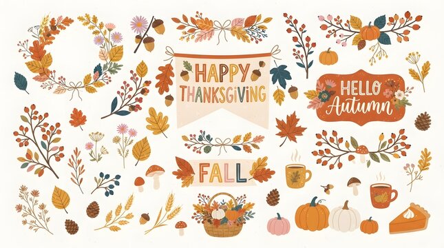 A beautiful collection of watercolor elements for a happy thanksgiving celebration featuring autumn leaves pumpkins and festive decorations isolated on a clean white background design
