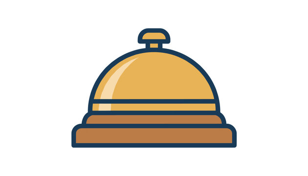 Golden hotel reception service desk call bell on wooden base with blue outline isolated on white background.