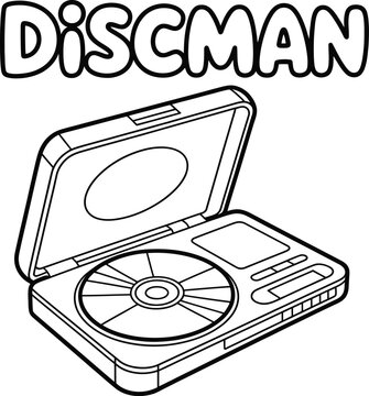 A portable discman cd player line art drawing for kids coloring activity book page design