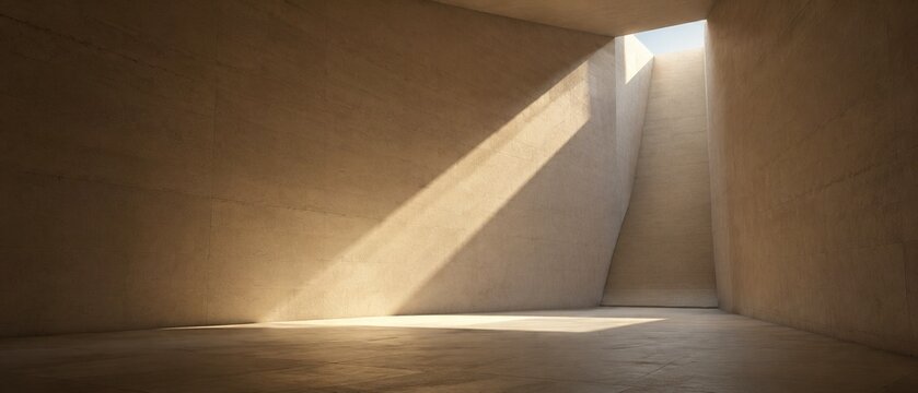 Dark Minimalist Architectural Space with Geometric Light Beam and Shadow