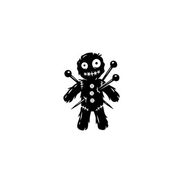 A black and white vector silhouette of a creepy voodoo doll pierced with pins, featuring stitched details and button eyes