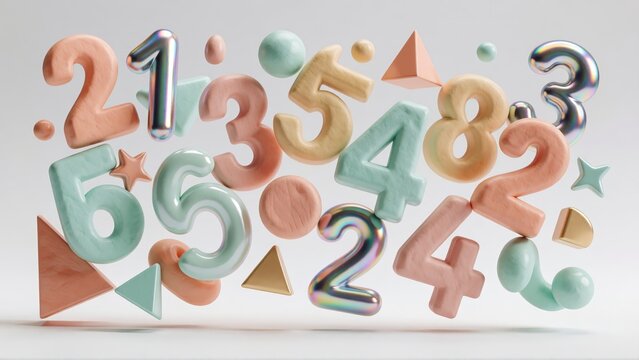 Floating 3D numbers and geometric shapes. Pastel colored math symbols on white background.
