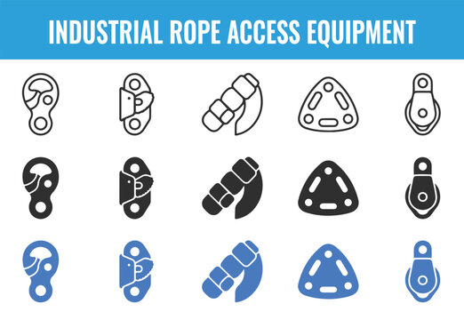 Industrial rope access equipment icons for climbing and safety with climbing