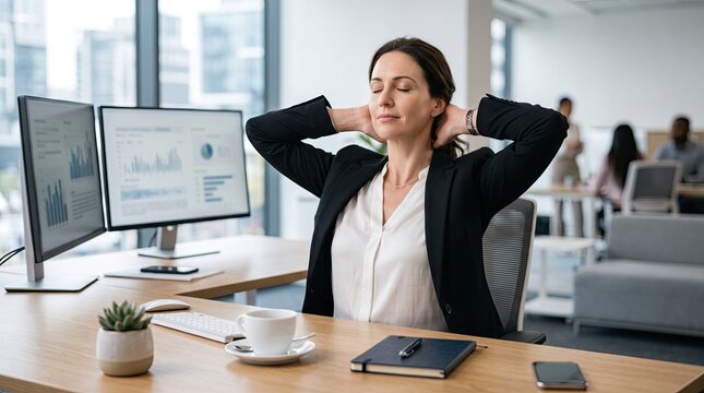 A professional woman relaxes at her desk amid a busy office environment, showcasing tranquility in work.