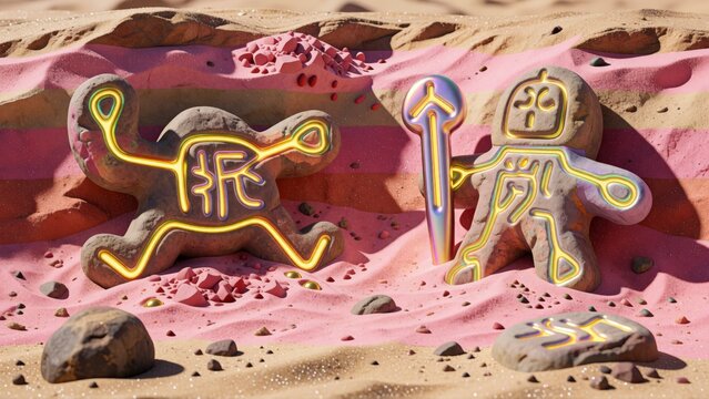 Ancient stone carvings with glowing neon symbols. Mysterious alien artifacts in desert sand.