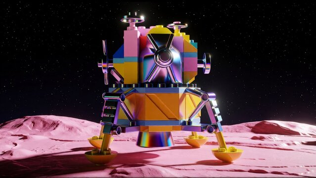 Colorful lunar lander on alien planet. Toy space module exploring a pink cosmic surface.