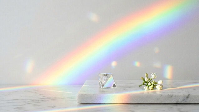 Prism and small flowers sit on a marble surface under a vibrant rainbow light leak.